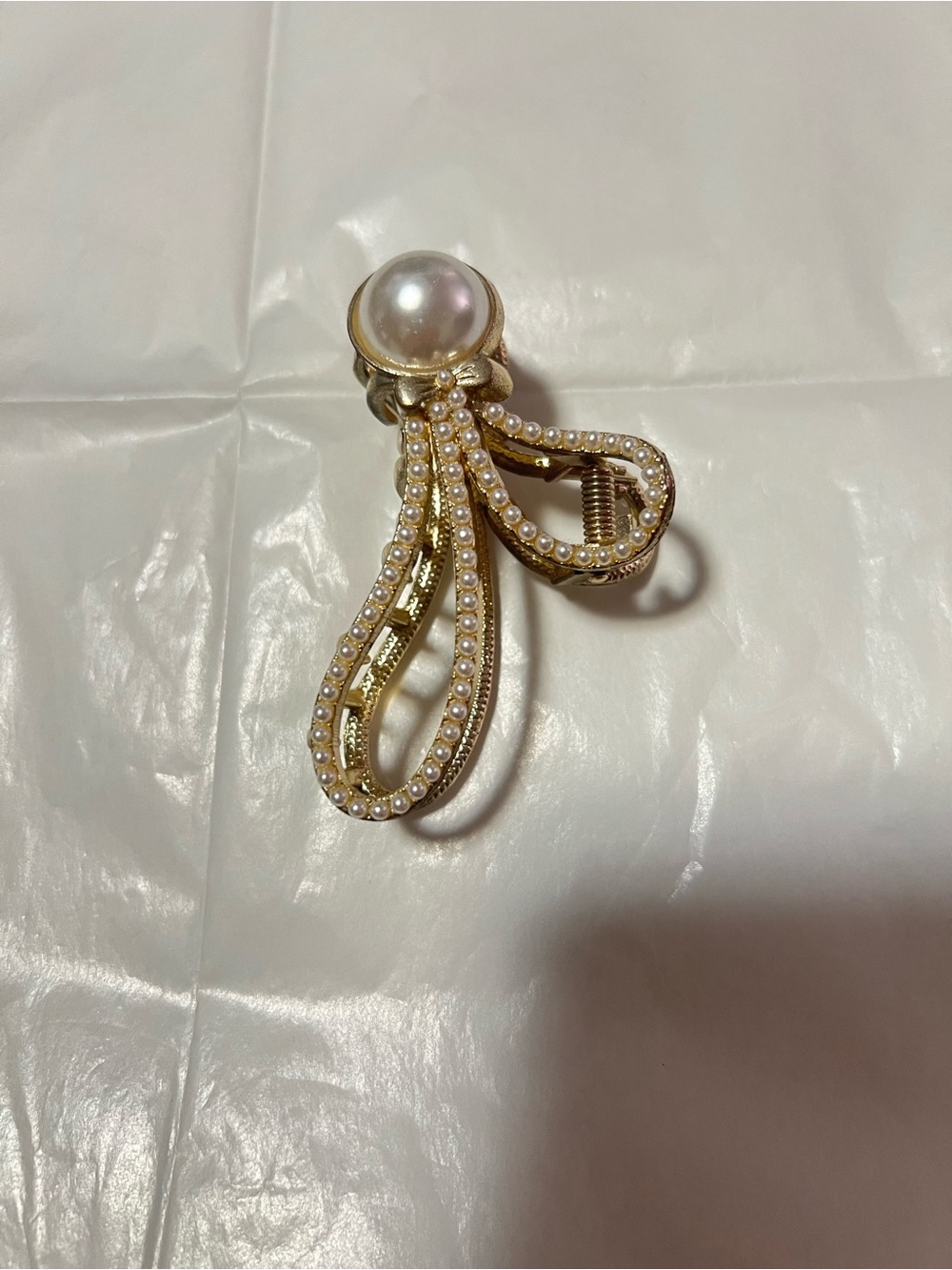 Gold Pearl & Crystal Ribbon Hair Claw Clip - Gold